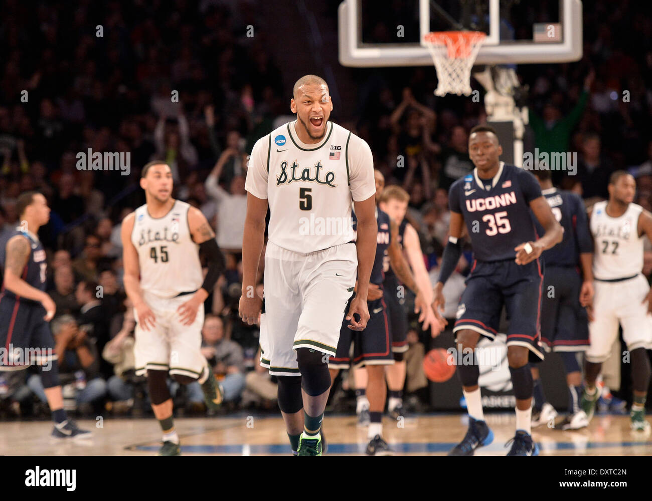 New York City, NY, STATI UNITI D'AMERICA. 30 Mar, 2014. Domenica 30 Marzo, 2014: Michigan State Spartans avanti Adreian Payne (5) celebra la messa a punto di tre cestello durante la seconda metà del torneo del NCAA Eastern Regional finale di partita di basket tra stati del Michigan e UConn al Madison Square Garden di New York, NY. UConn battere Michigan State 60-54 e anticipi per i quattro definitivi. Bill Shettle/Cal Sport Media. Credito: csm/Alamy Live News Foto Stock