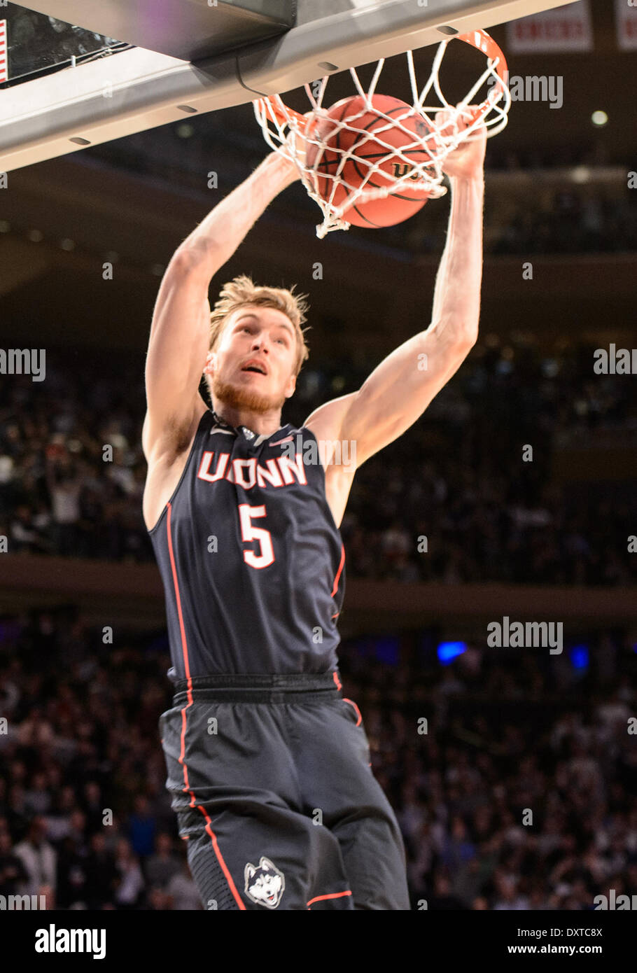 New York City, NY, STATI UNITI D'AMERICA. 30 Mar, 2014. Domenica 30 Marzo, 2014: Connecticut Huskies avanti Niels Giffey (5) schiacciate la sfera durante la seconda metà del torneo del NCAA Eastern Regional finale di partita di basket tra stati del Michigan e UConn al Madison Square Garden di New York, NY. UConn battere Michigan State 60-54 e anticipi per i quattro definitivi. Bill Shettle/Cal Sport Media. Credito: csm/Alamy Live News Foto Stock