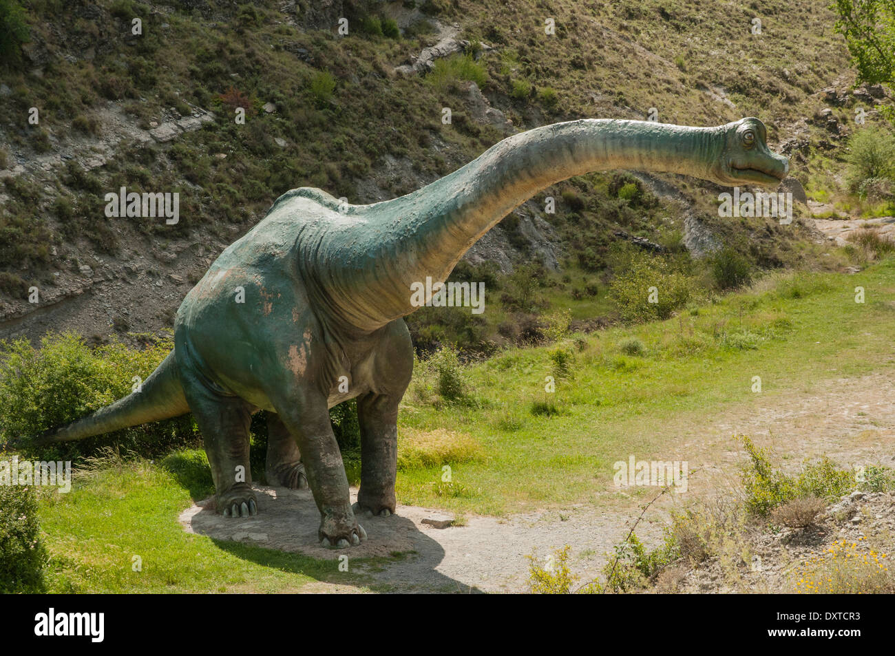 Modello ricreazione reale.size di dinosauro sauropodi in fibra di vetro e cemento al sito paleontologico Valdecevillo, la Rioja, Spagna. Foto Stock