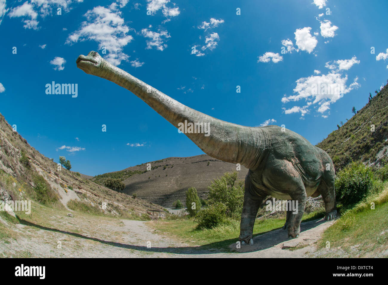 Modello ricreazione reale.size di dinosauro sauropodi in fibra di vetro e cemento al sito paleontologico Valdecevillo, la Rioja, Spagna. Foto Stock