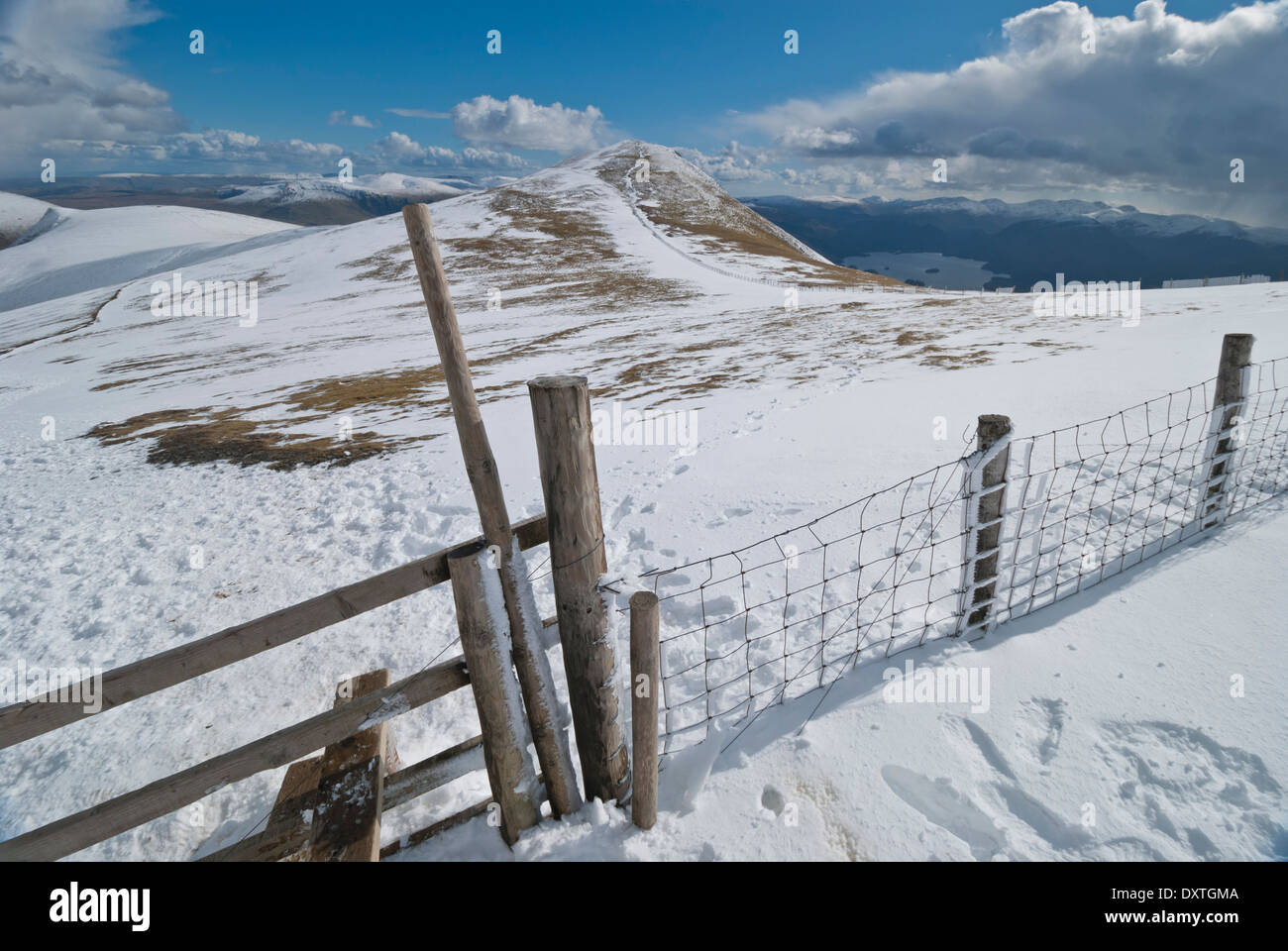 Skiddaw uomo inferiore nella neve con recinto coperto di ghiaccio, Lake District fells Foto Stock