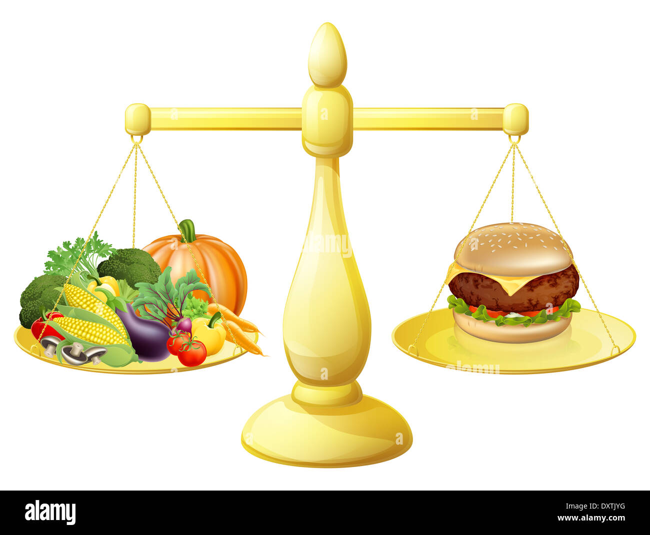 Alimentazione sana Dieta decisione concetto di verdure sane su un lato  della bilancia e un hamburger junk food sull'altro. Potrebbe anche Foto  stock - Alamy