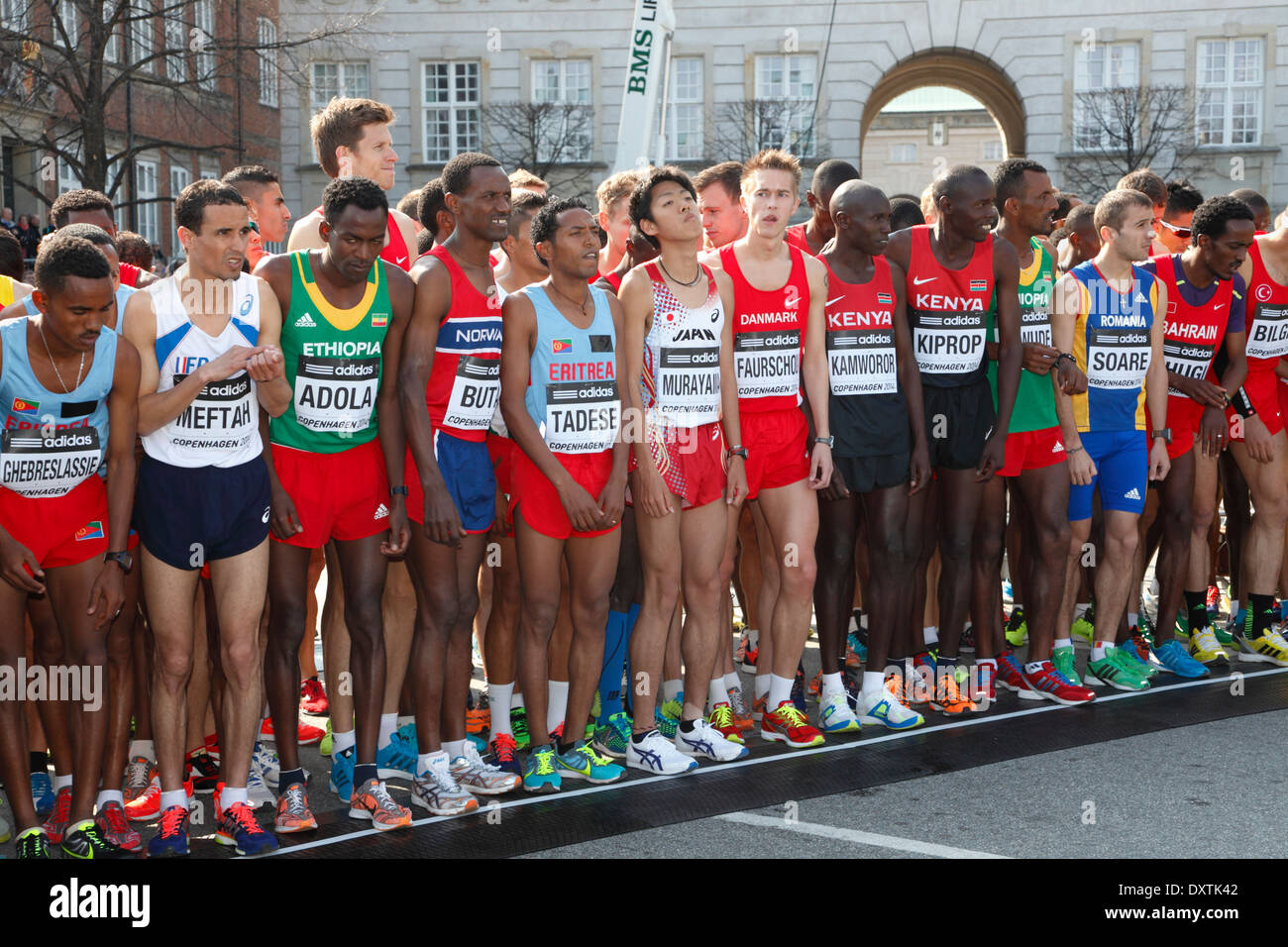 Gli uomini di classe elite pronto all'inizio riga in la IAAF/AL-Bank World Half Marathon Championships 2014 nella soleggiata Copenhagen, Danimarca. Foto Stock