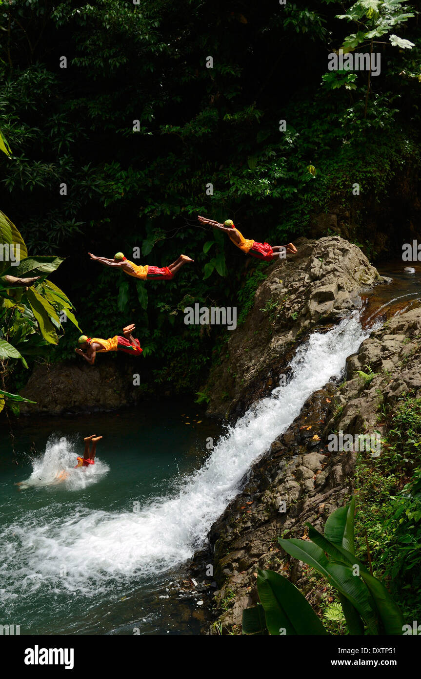 Grenadian uomo tuffarsi in sette sorelle cade. Parco nazionale Grand Etang, Grenada W.I. Foto Stock