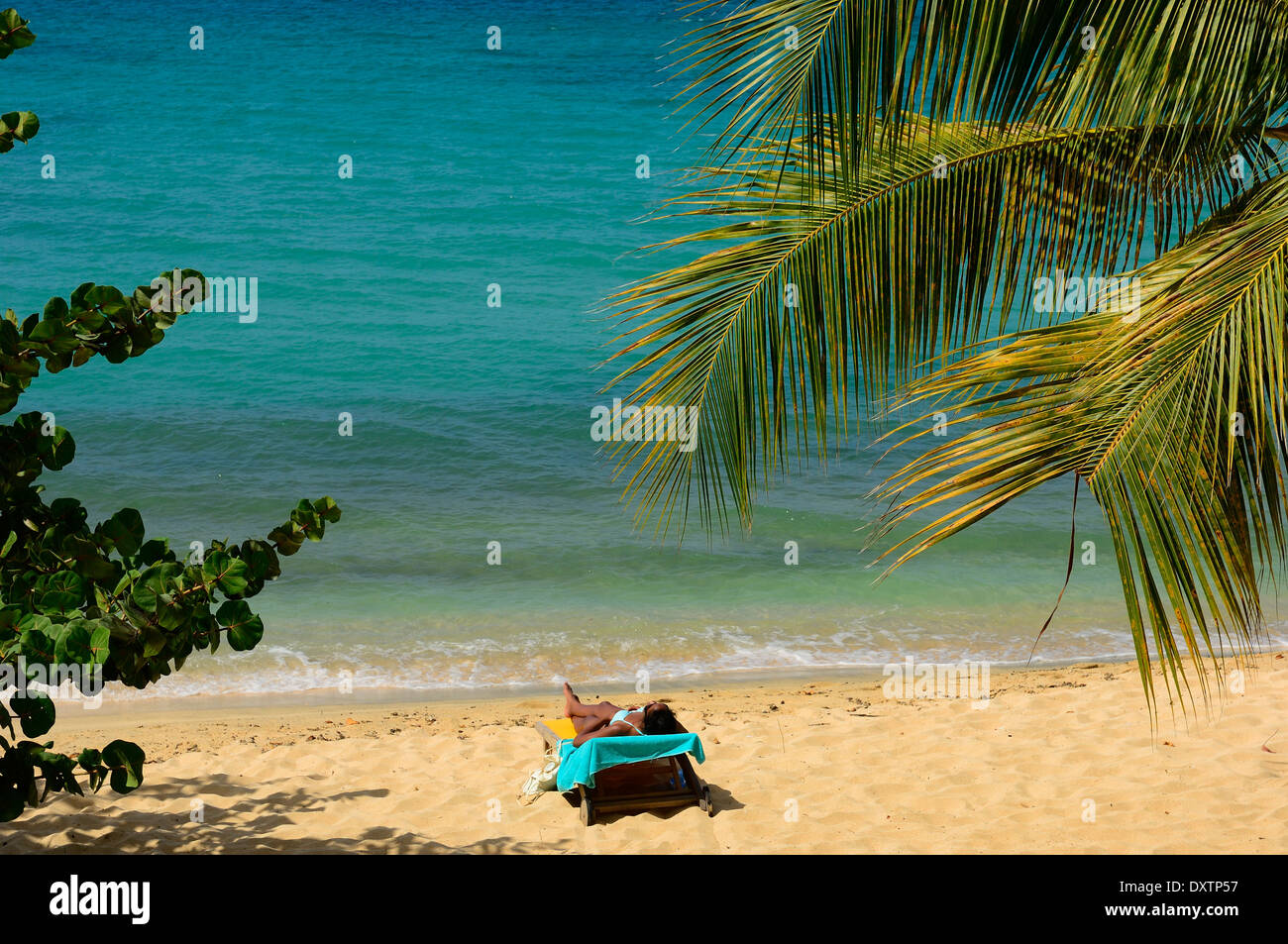 Giovane donna a prendere il sole sulla spiaggia di magazzino. Grenada Foto Stock
