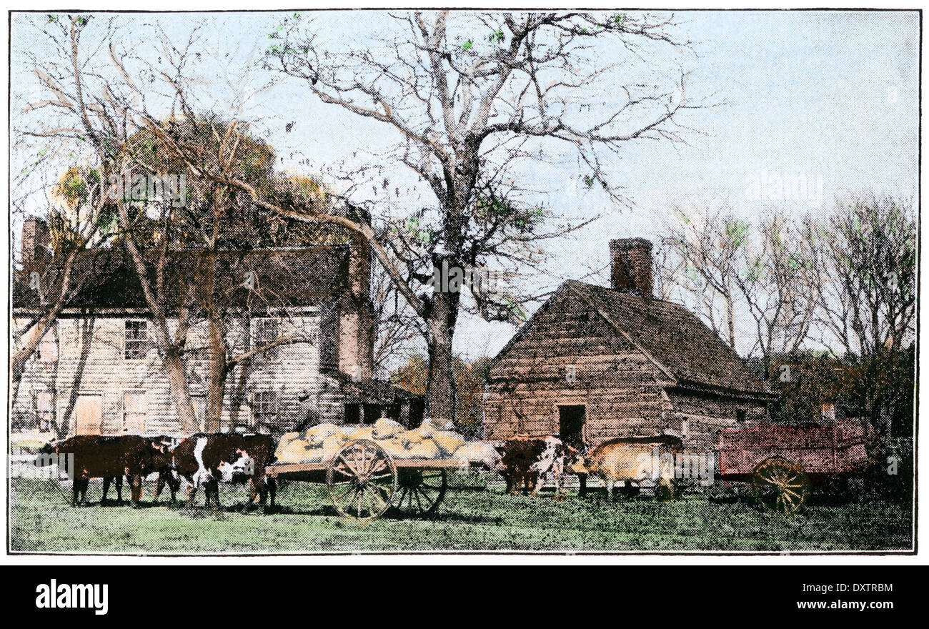 Ox-disegnato il carrello nella parte anteriore di un vecchio New Jersey casa colonica, 1800s. Colorate a mano i mezzitoni di una fotografia Foto Stock