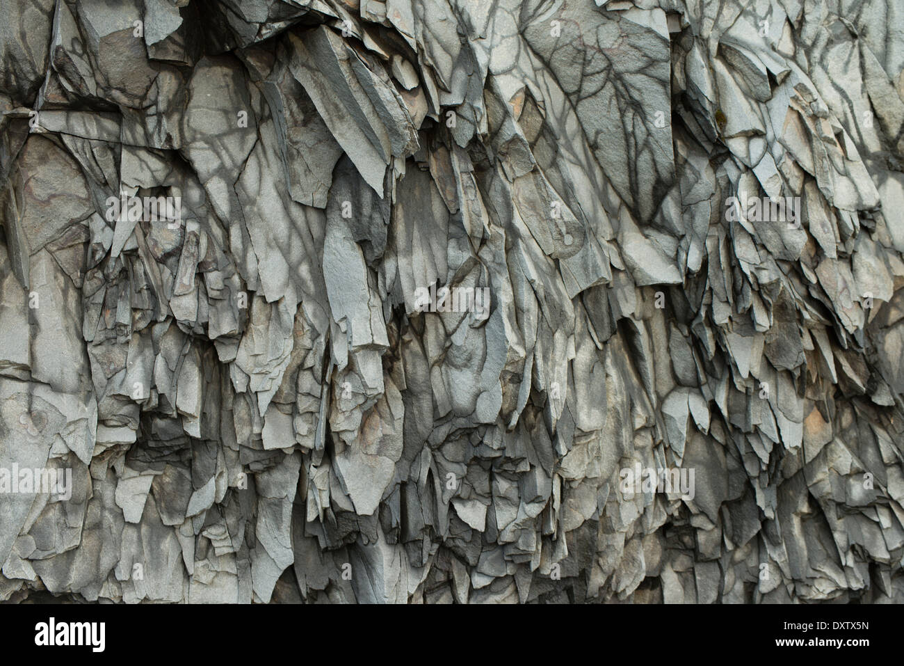 Basaltico del flusso di lava solidificata formando colonne in spiagge di Vik, Islanda Foto Stock