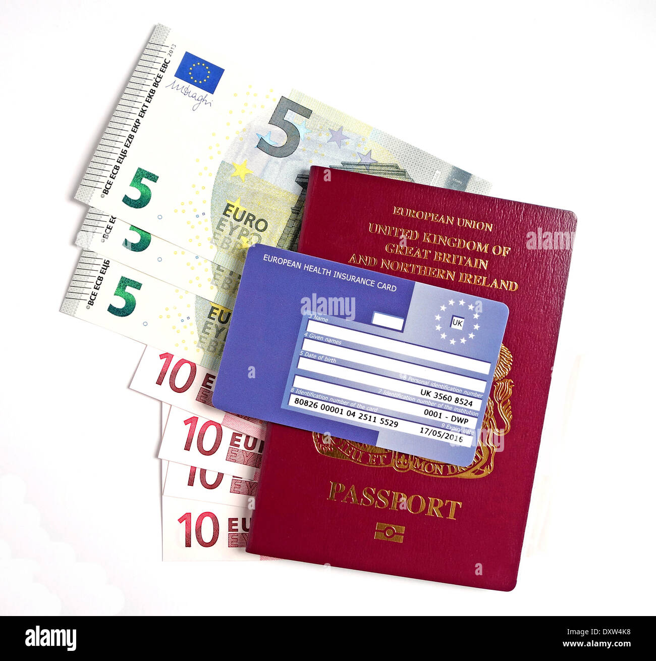 Un passaporto britannico, euro e team card Foto Stock