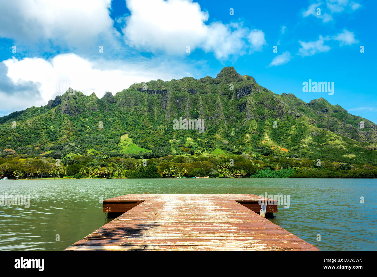 Un molo su Molii Peschiera guardando verso la montagna di Koolau gamma al Kualoa Ranch su Oahu, Hawaii Foto Stock