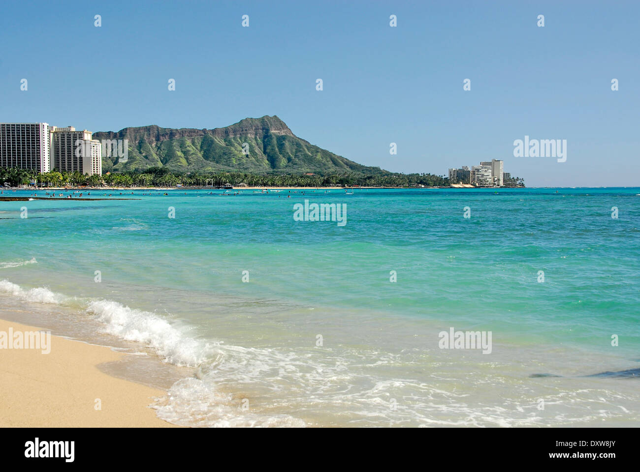 La spiaggia di Waikiki a Honolulu, l'isola di Oahu, nello stato delle Hawaii Foto Stock