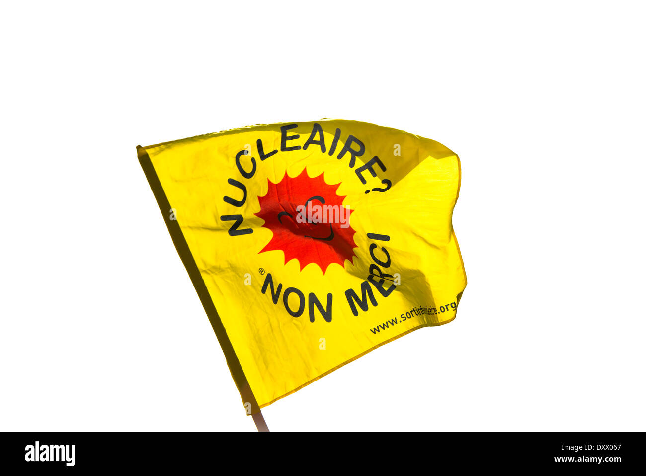 Bandiera, 'Nucleaire? Non merci', Francese per l' energia nucleare? No grazie" Foto Stock