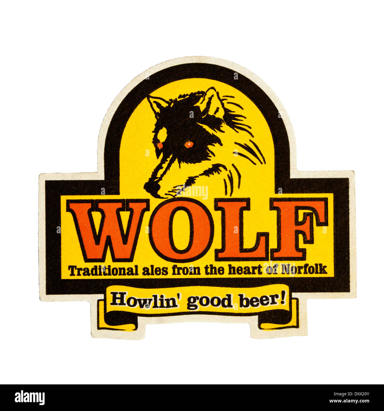 Una birra mat pubblicità Wolf Ales dal lupo Brewery in Norfolk. Foto Stock