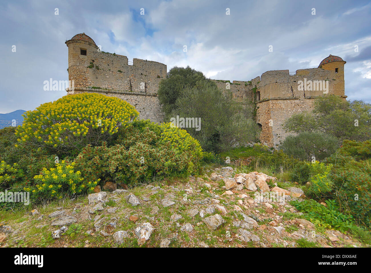 Fortilizio medievale du Mont Alban sul Mont Alban, vicino a Nizza, Alpes Maritimes Provence Alpes Côte d'Azur, in Francia Foto Stock