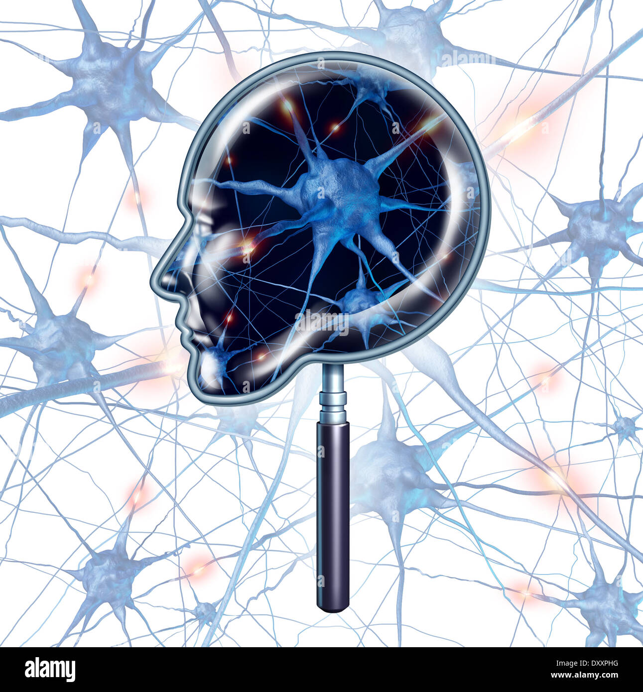 Esame encefalo simbolo medico rappresentato da una lente di ingrandimento a forma di una testa umana come una chiusura del 3d funzione neuronale e organo Foto Stock