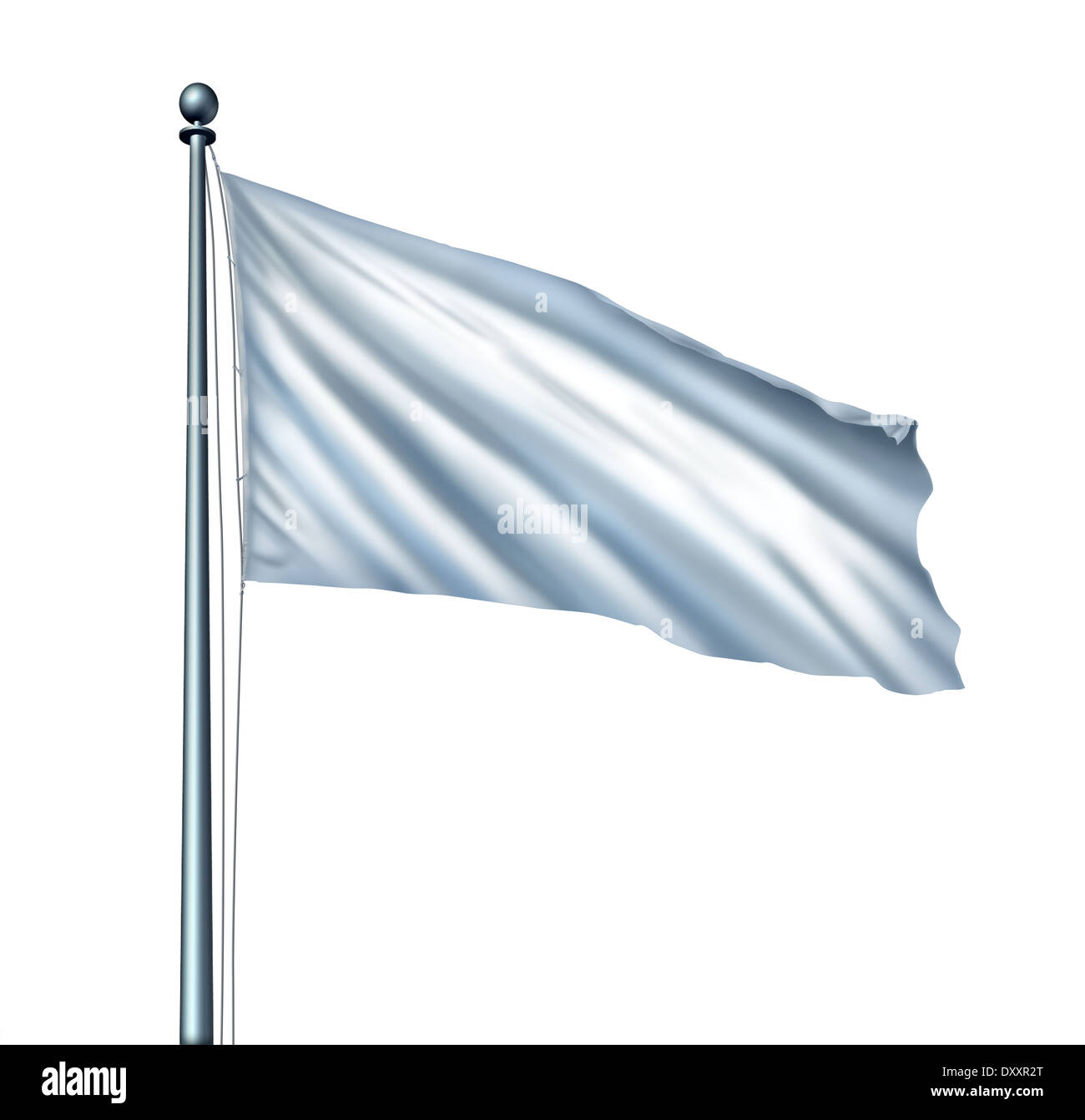 White flag isolato come un simbolo di riscatto e metafora per il ritiro in azienda con un panno bianco su un pennone come icona di rinunciare a lottare con copia spazio per una promozione o un messaggio pubblicitario. Foto Stock