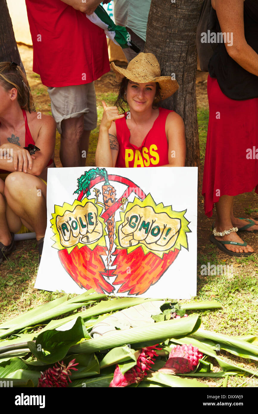 Anti-OGM Rally; Kauai, Hawaii, Stati Uniti d'America Foto Stock
