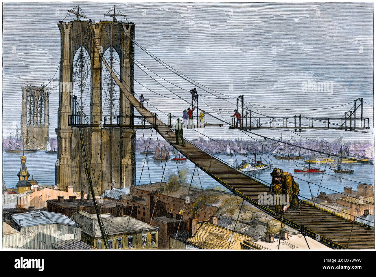 Operai ascendere a metà della rampa di aria per costruire il ponte di Brooklyn torri, New York NY, 1870s. Colorate a mano la xilografia Foto Stock