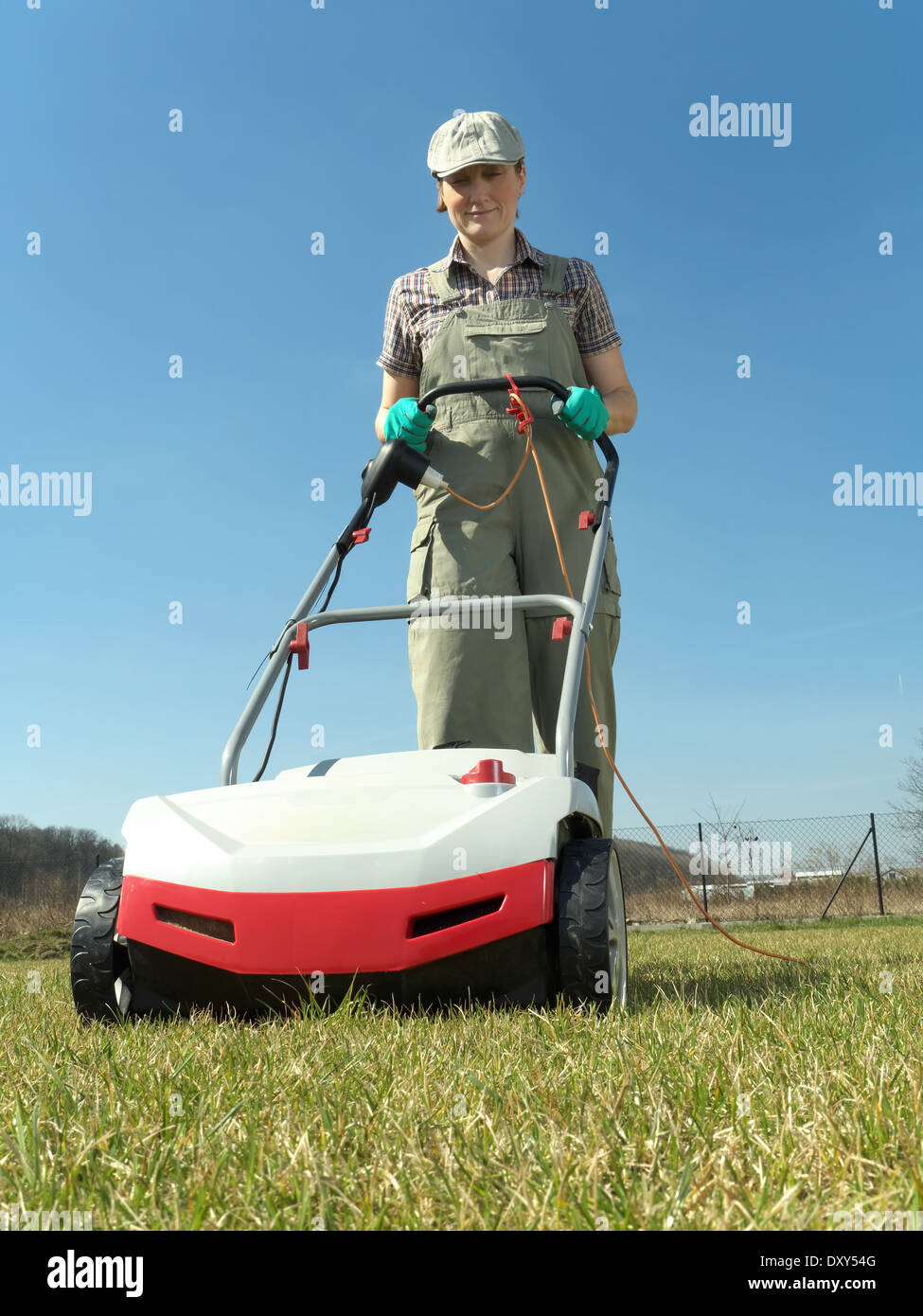 Femmina scarificatrici giardiniere il suo cortile prato utilizzando scarificatrice elettrica Foto Stock