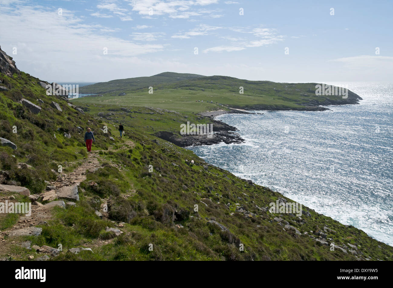 Il promontorio di Rubha Hùisinis dal percorso di Glen Clavadale (Clabhadail) vicino Huisinis, Harris, Western Isles, Scotland, Regno Unito. Foto Stock