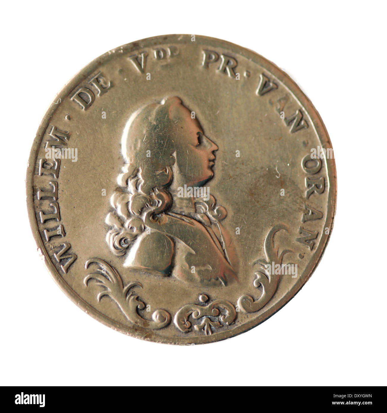 Sul lato di testa di un molto Old Dutch argento calandra eterna medaglia del 1767 con l'immagine del principe Guglielmo V Foto Stock