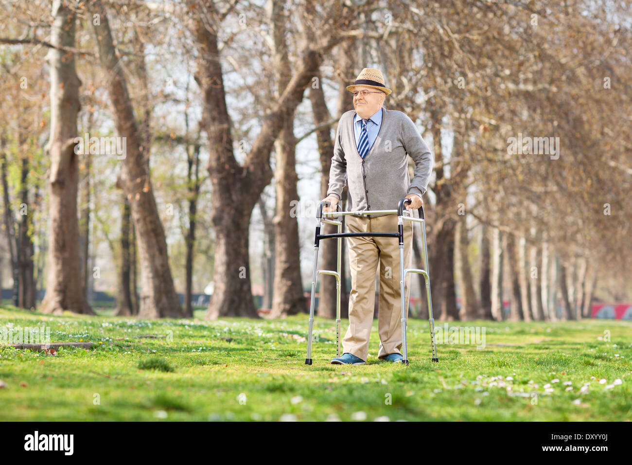 Senior gentleman camminando con walker in posizione di parcheggio Foto Stock