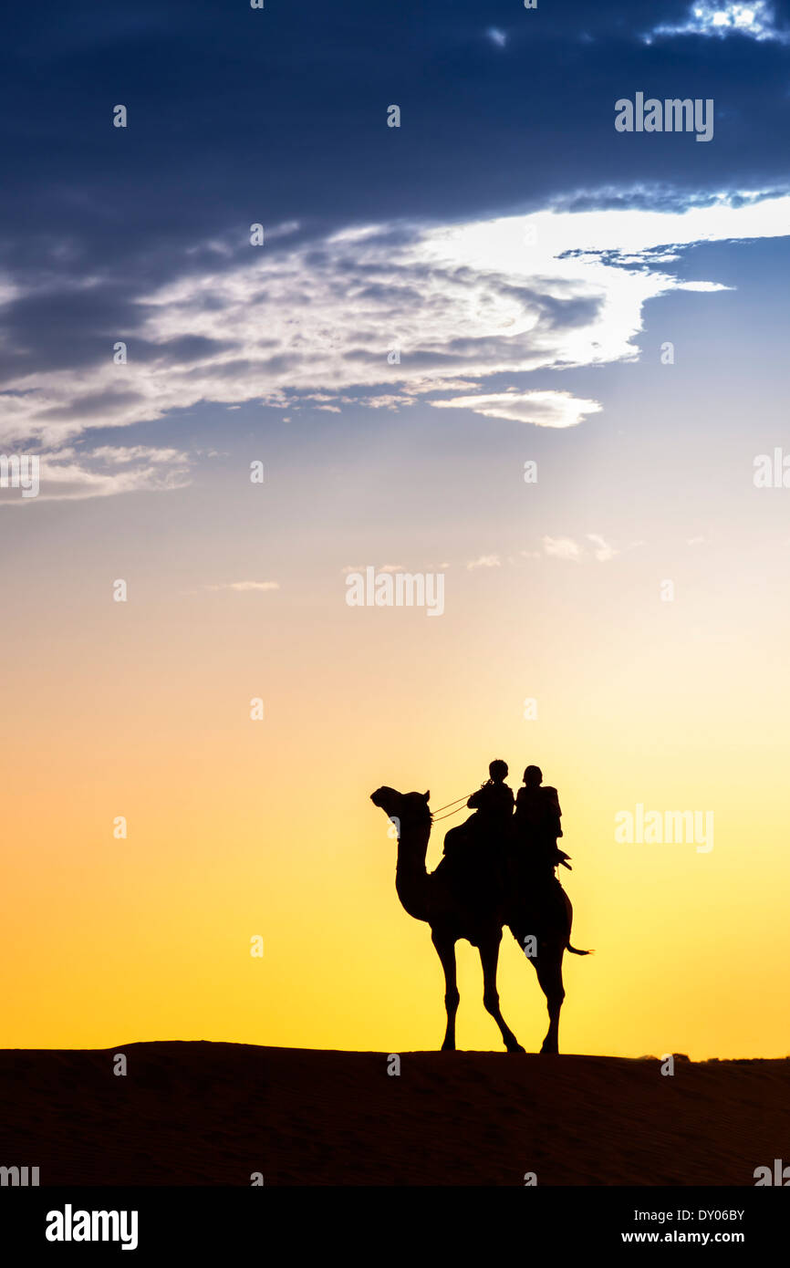 Un deserto passeggiate locali portano naso cammello attraverso il deserto di Thar India drammatico sfondo alla luce solare Foto Stock