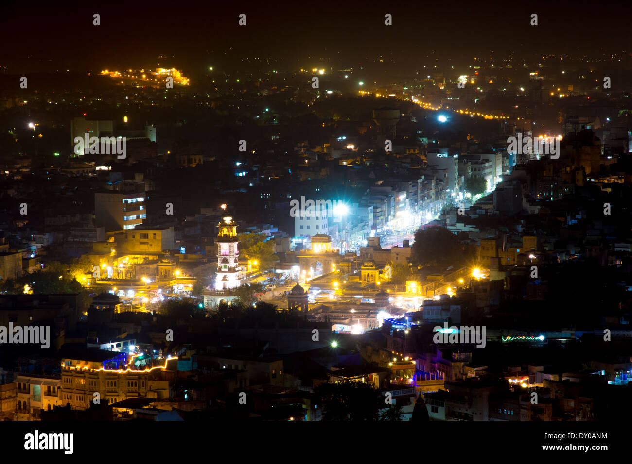 Vista superiore Jodhpur città torre dell orologio notte tempo o la città blu, Rajasthan, India Foto Stock