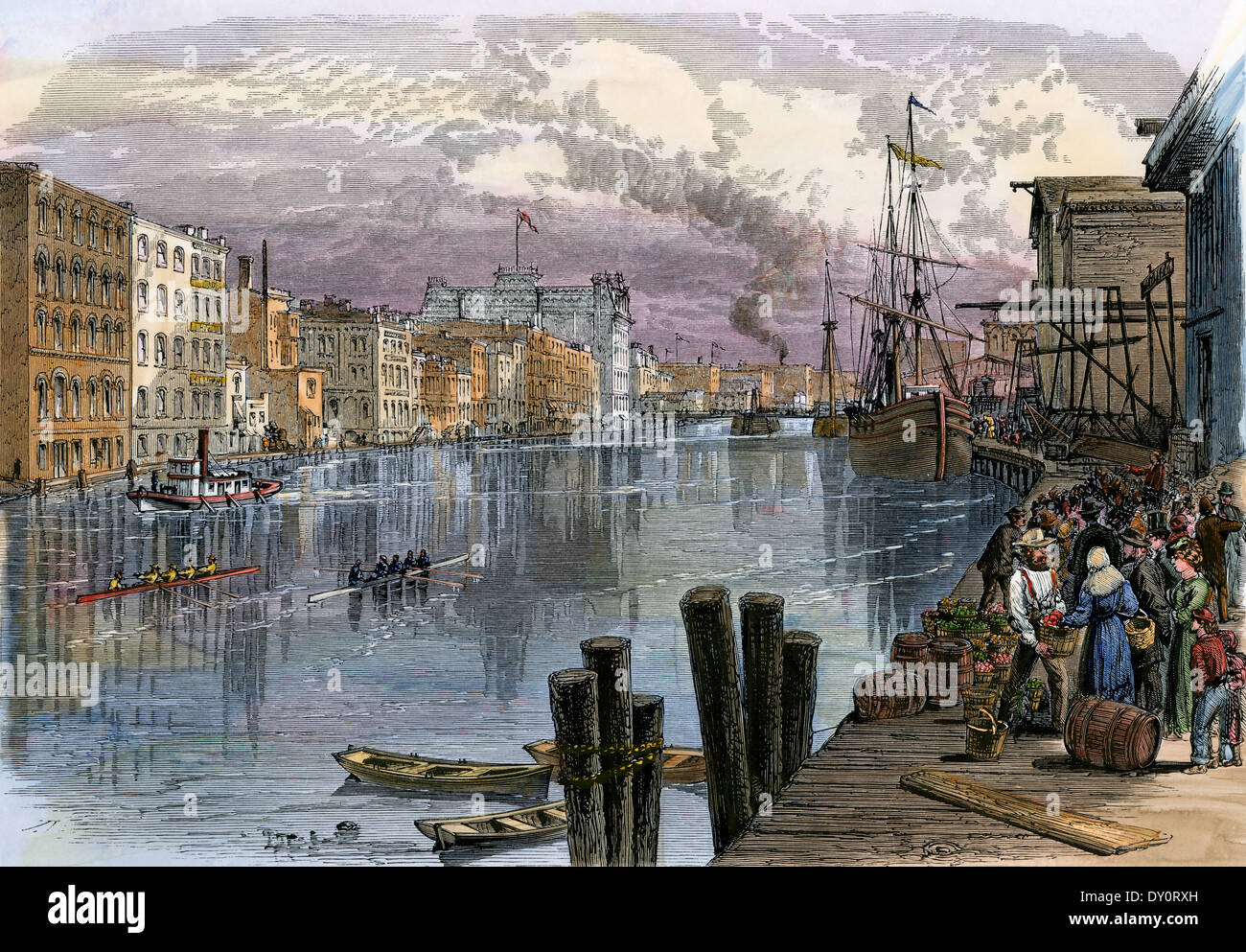 Occupato Milwaukee River waterfront, 1870s. Colorate a mano la xilografia Foto Stock