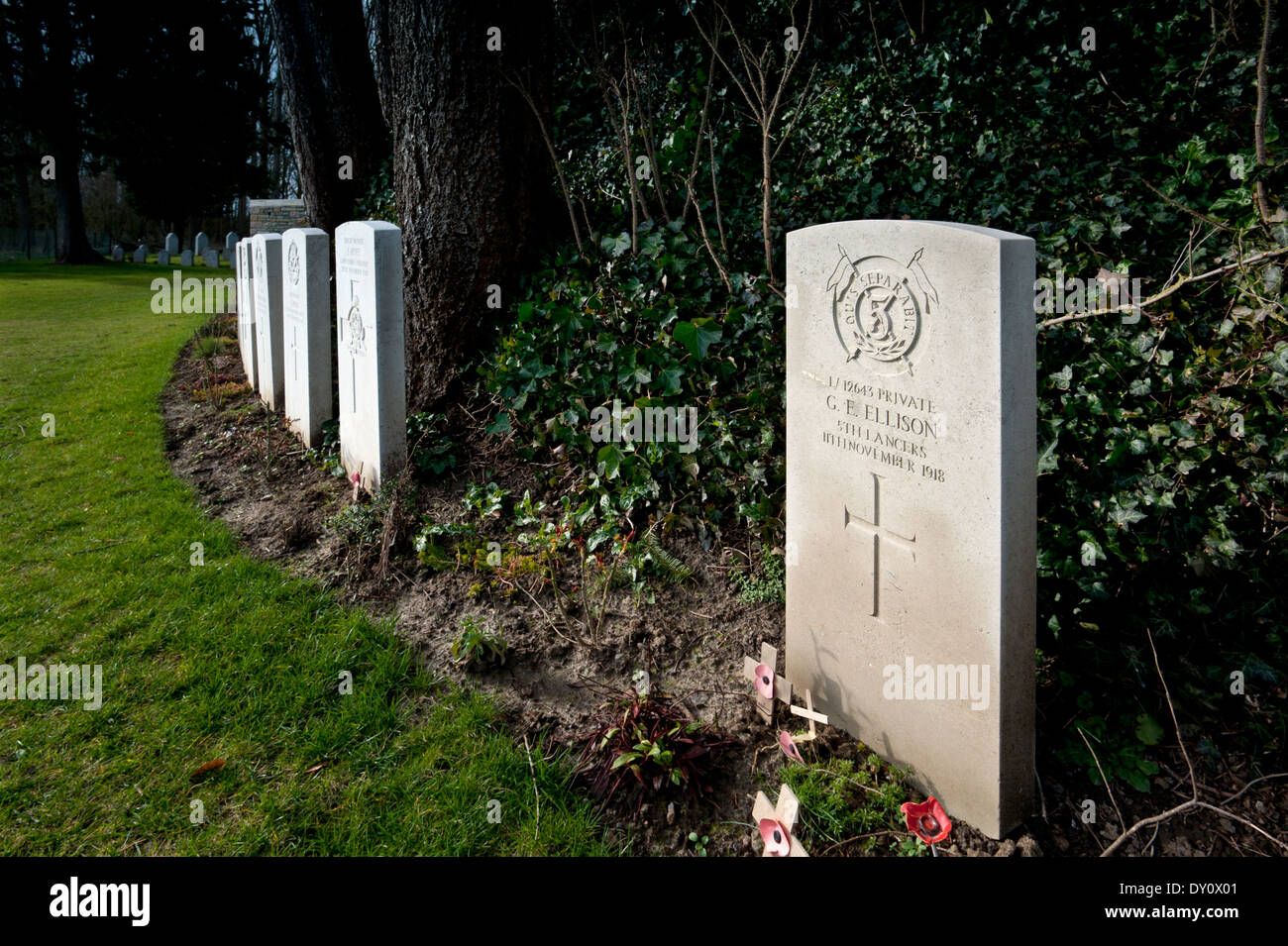 St Symphorien cimitero militare,Mons, Belgio. Febbraio 2014 George Ellison, ultimo soldato britannico a morire in WW1 ,11 Nov 1918. Foto Stock