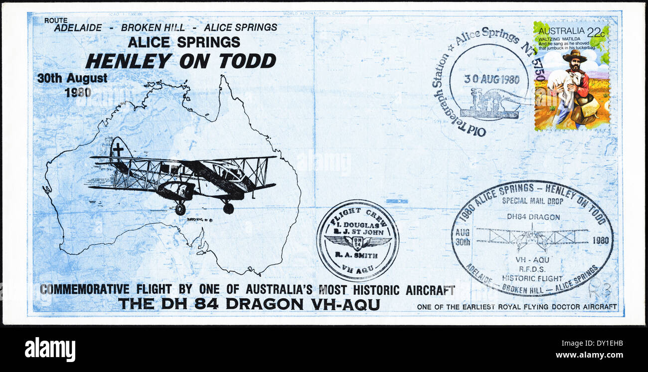 Australia commemorativa primo giorno coprire datato 30 agosto 1980 che mostra il volo di DH 84 Dragon VH-AQU aeromobile Foto Stock