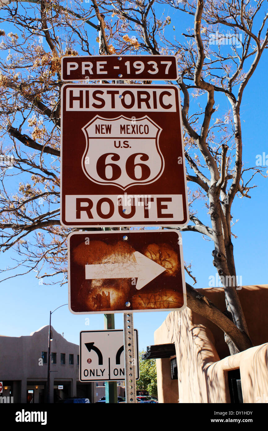 Route 66 segno, Santa Fe, New Mexico, NEGLI STATI UNITI Foto Stock