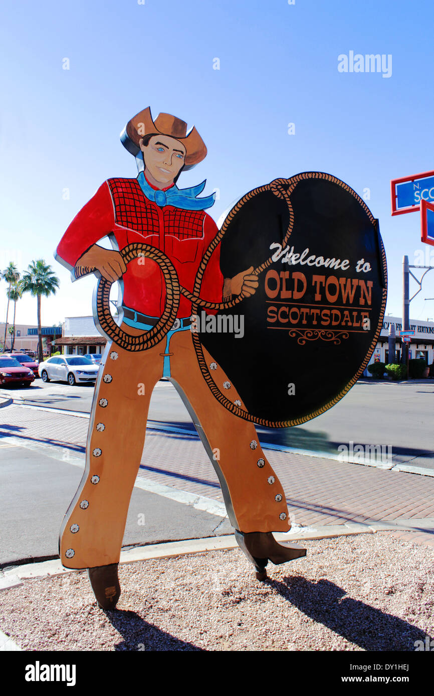 Scottsdale Old Town, Scottsdale, Arizona USA. Segno di cowboy, Scottsdale, Arizona Foto Stock