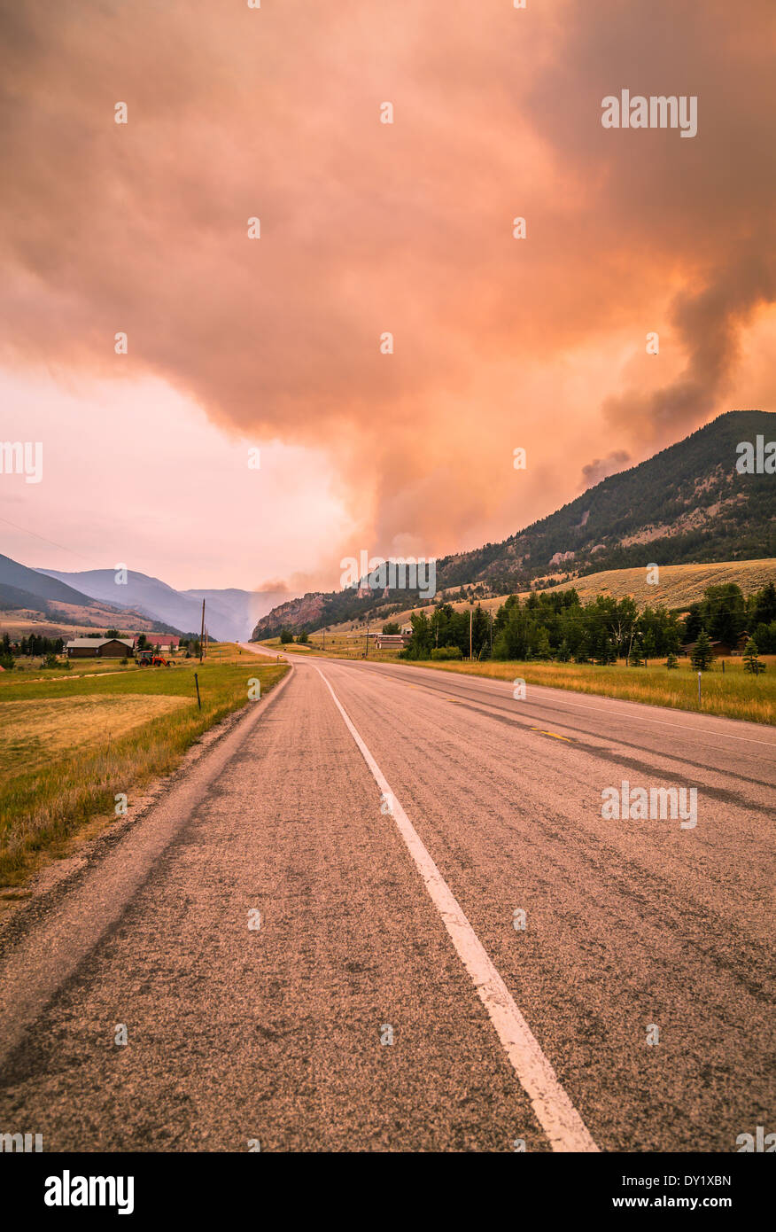 Fumo di un incendio in un bosco in montagna. Foto Stock
