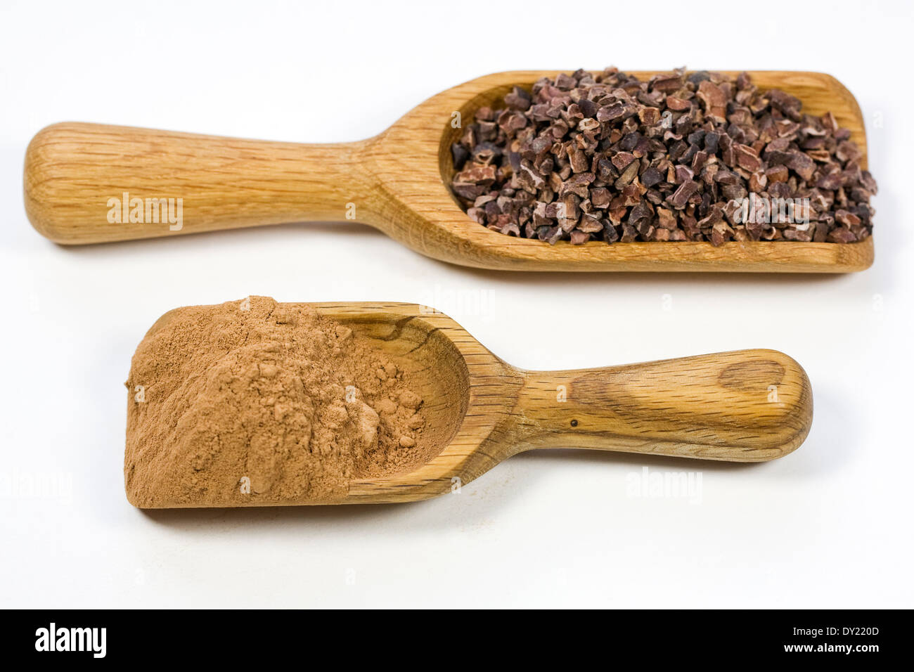 Cucchiaio di cacao grezzo naselli e un cucchiaio di materie di cacao in polvere. Foto Stock