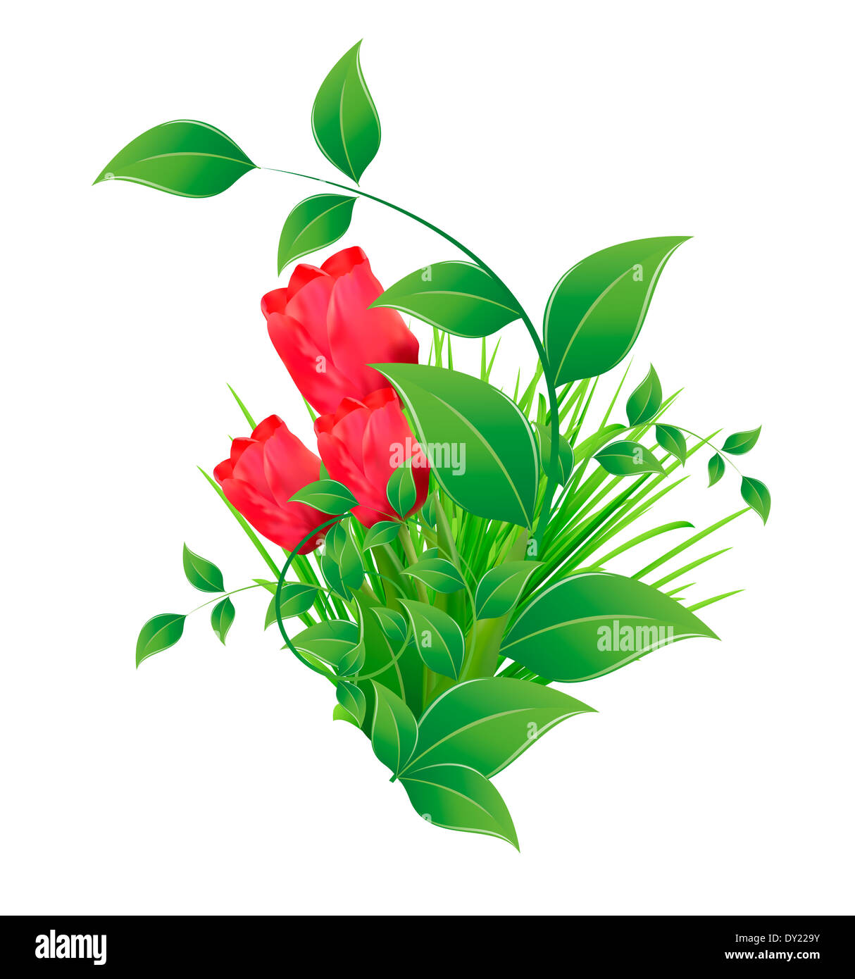 Il verde ciuffo di erba con foglie e tulipani Foto Stock