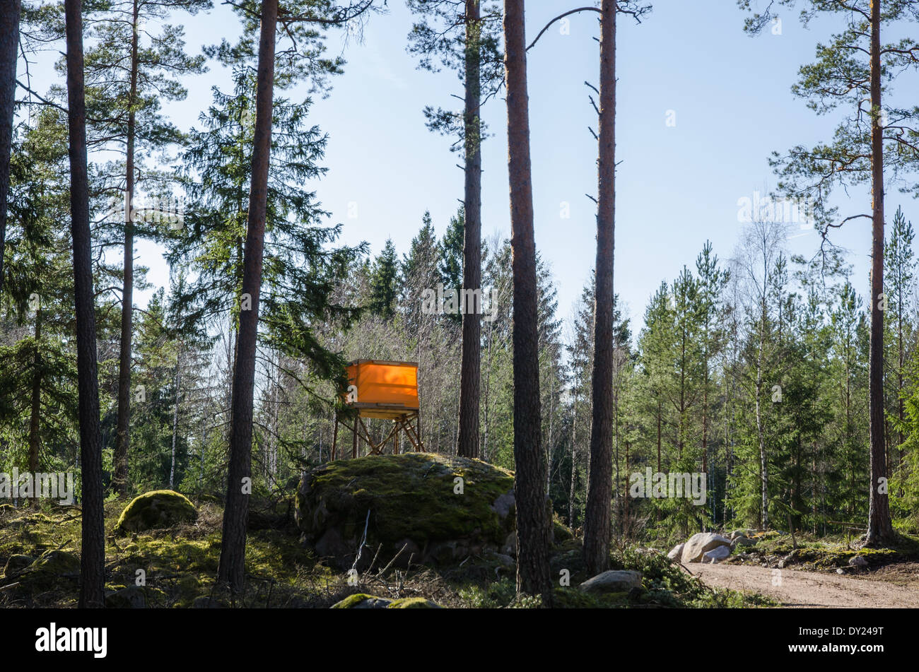 Soleggiato torre di caccia in una foresta rocciose Foto Stock