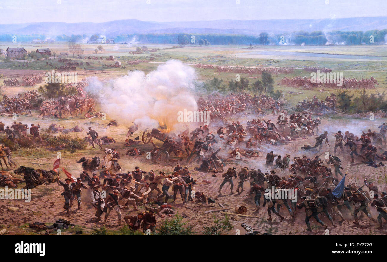 Parte della linea di unione difendere contro Pickett's carica alla battaglia di Gettysburg, Luglio 3rd, 1863, USA La guerra civile Foto Stock
