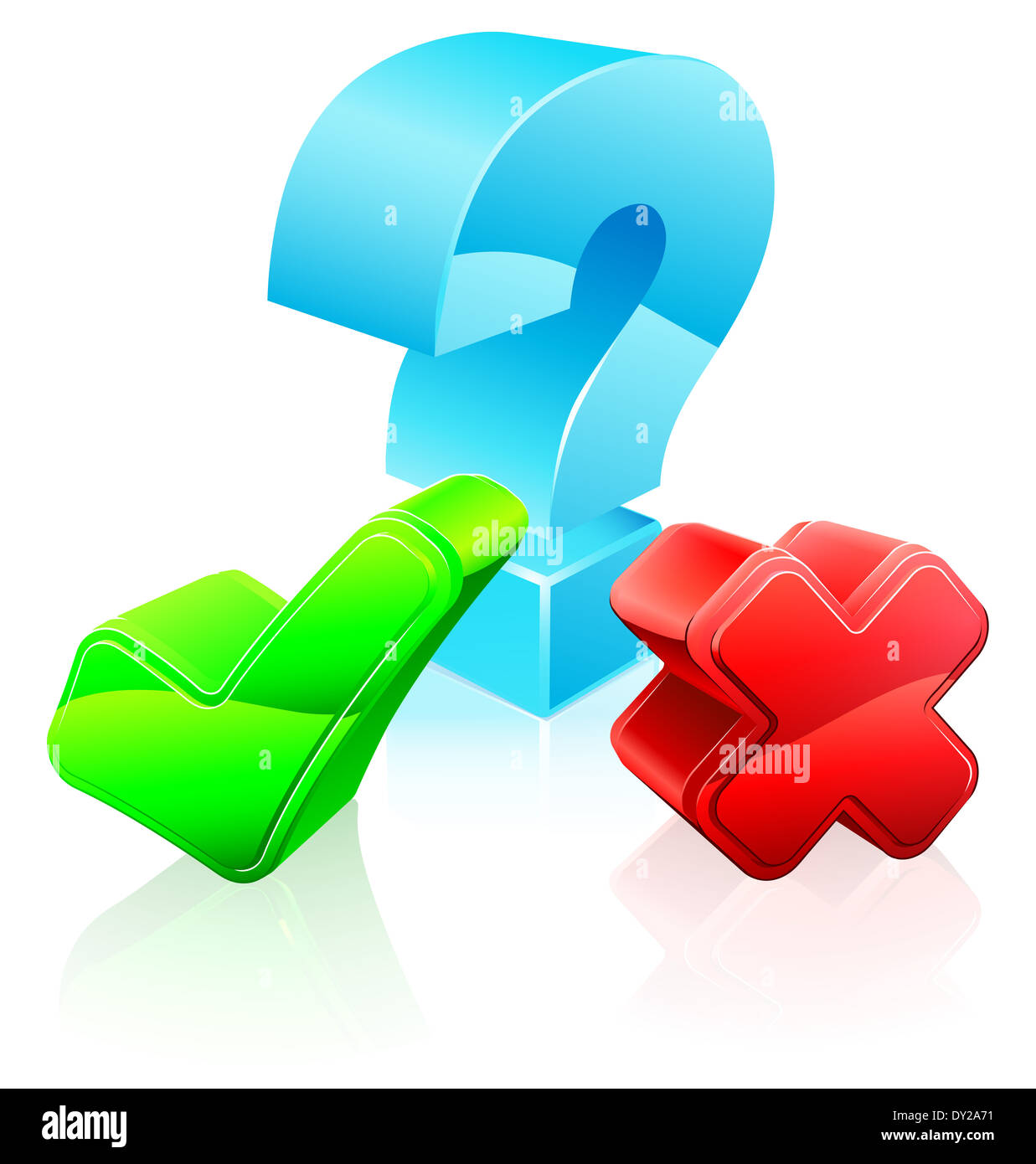 Domanda e risposta concetto di un punto interrogativo e di croce e contrassegna i simboli. Potrebbe essere un concetto per un sondaggio o un questionario Foto Stock