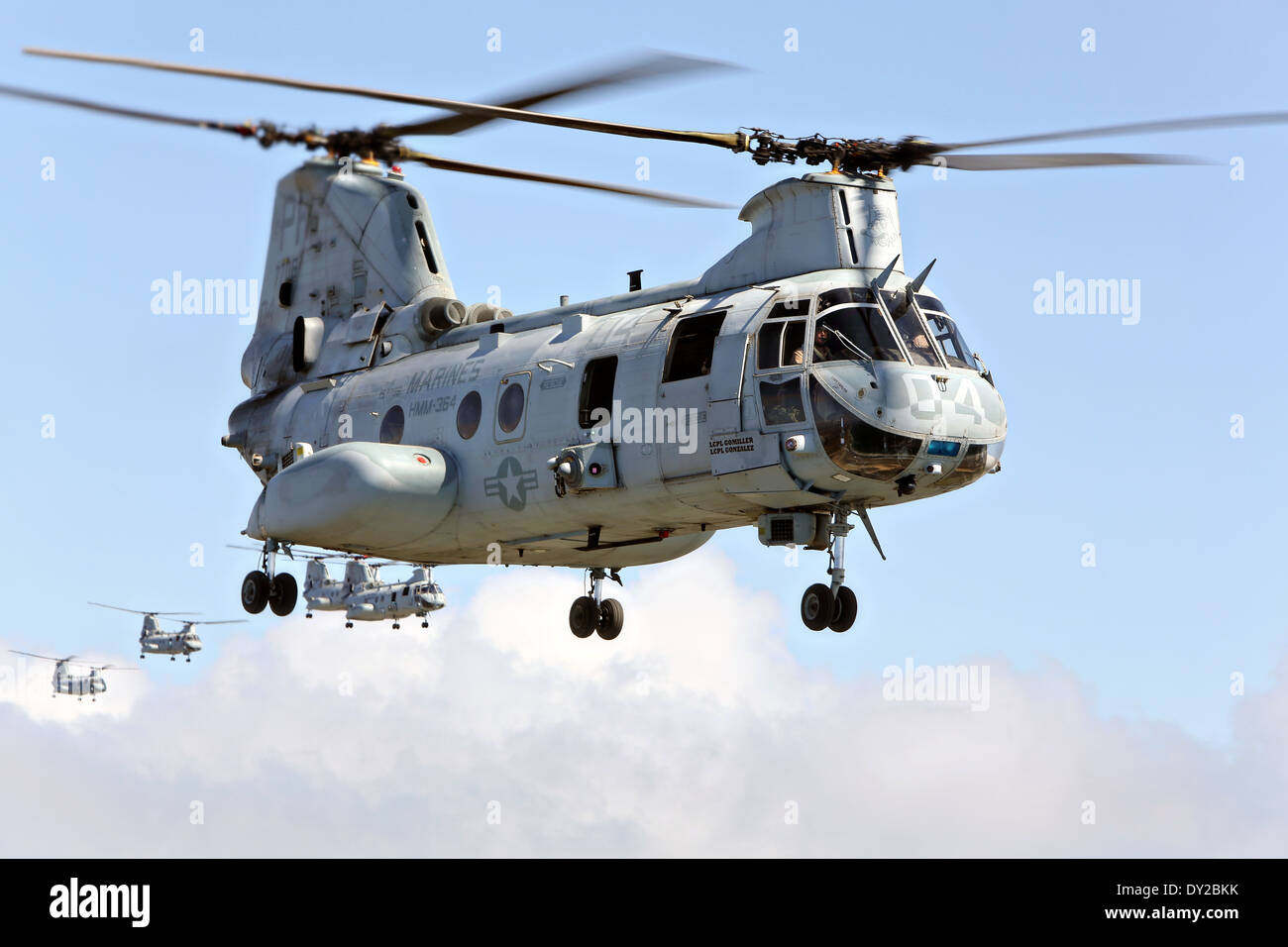 Marines americani volare CH-46E Sea Knight elicotteri in formazione 31 marzo 2014 su San Diego, California. Dopo 47 anni di battenti CH-46 i Marines andrà in pensione la transizione in elicottero per MV-22 Osprey aeromobile a rotore inclinabile. Foto Stock