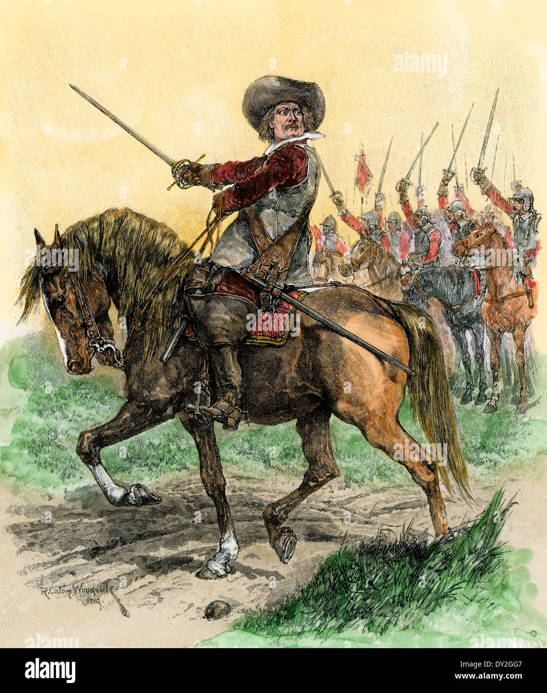 Cromwell portando le truppe nella battaglia di Marston Moor, Guerra Civile Inglese, 1644. Colorate a mano la xilografia Foto Stock