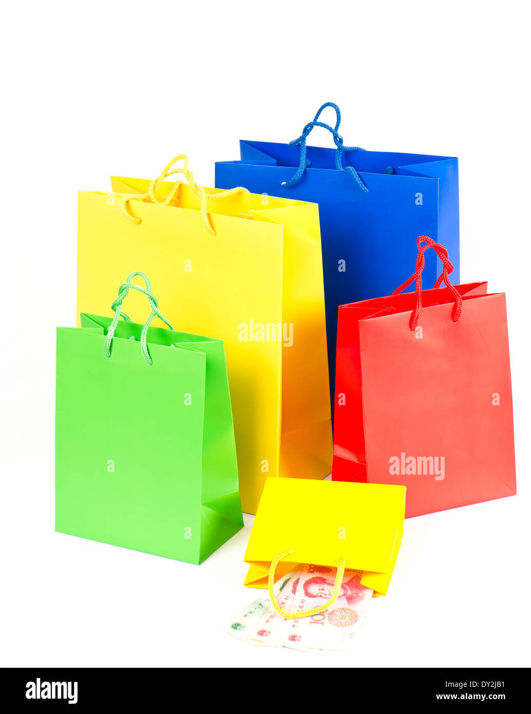 Borse per lo shopping rosso, blu, giallo, verde Foto Stock