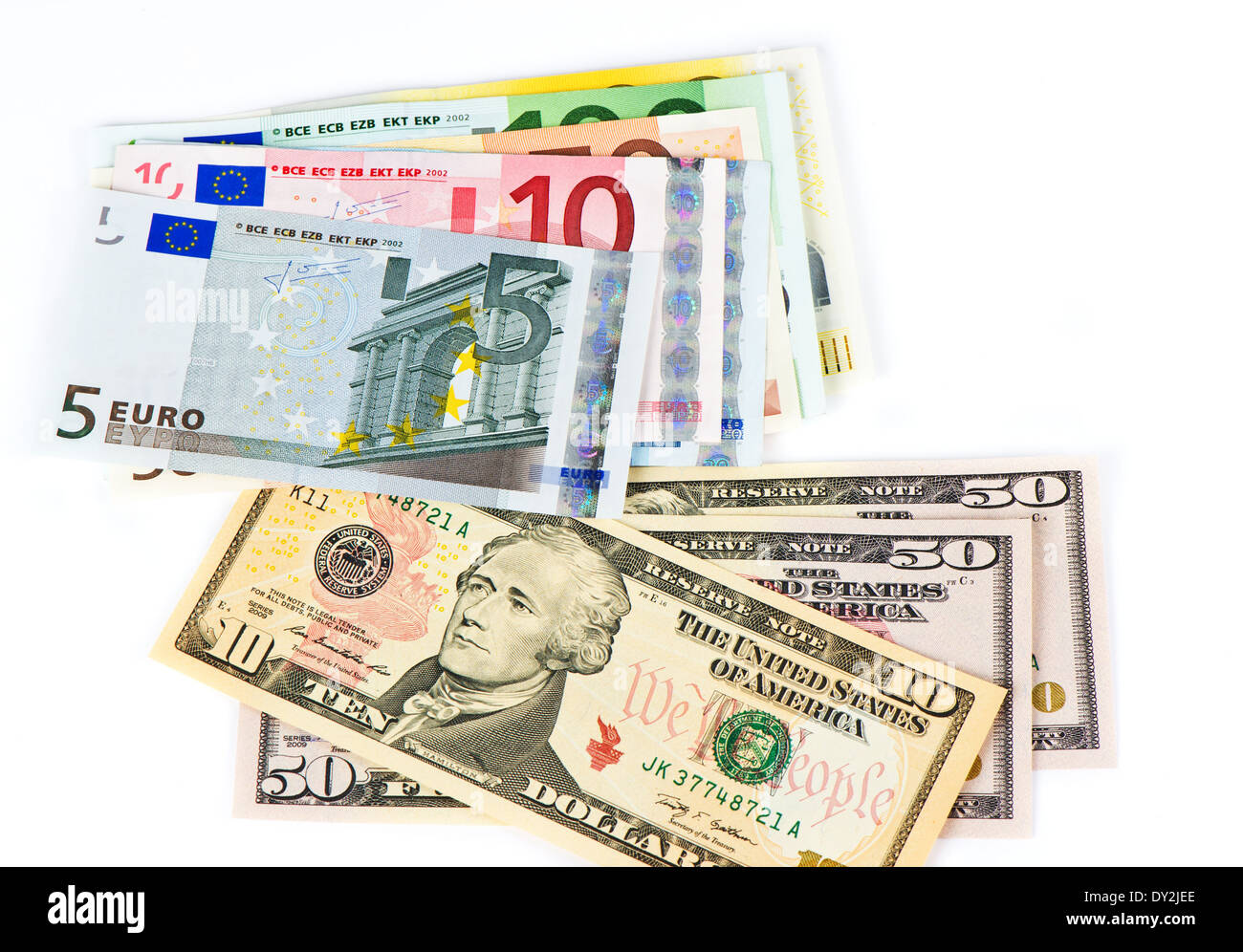 Euro e Dollaro banconote. denaro contante sfondo Foto Stock