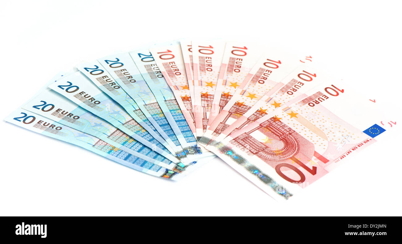 Dieci e venti euro note sul bianco sullo sfondo di denaro Foto Stock