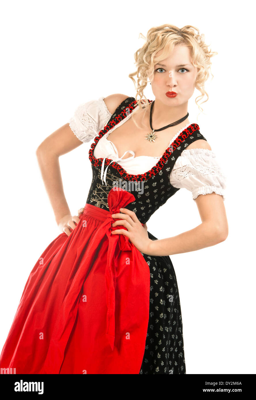 Tedesco donna bavarese nel tipico vestito Dirndl su sfondo bianco Foto  stock - Alamy