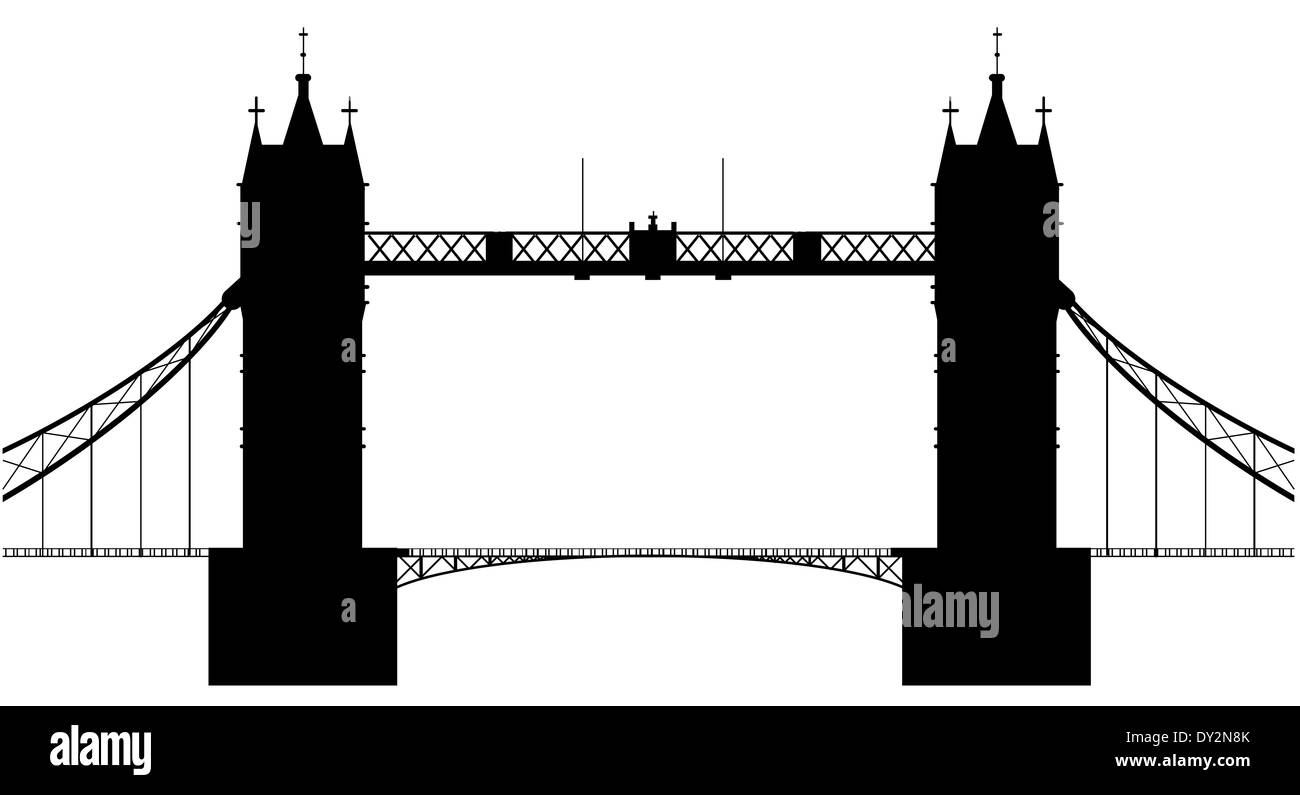 Una silhouette di London Tower Bridge isolato su uno sfondo bianco Foto Stock