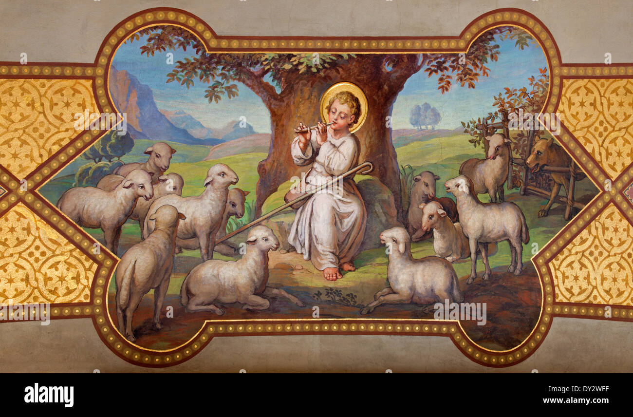 Vienna - Affresco del piccolo Gesù come Buon Pastore da Josef Kastner 1906 - 1911 nella Chiesa carmelitani Foto Stock