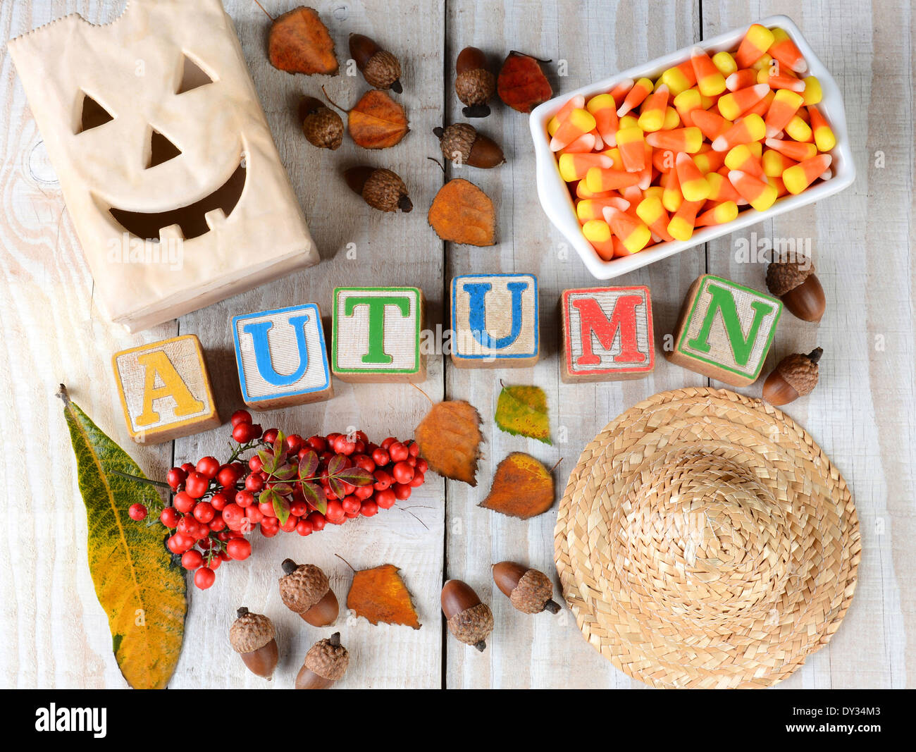 Blocchi per bambini compitazione autunno su rustiche tavole in legno la parola è circondato da foglie, cappello di paglia, ghiande Foto Stock