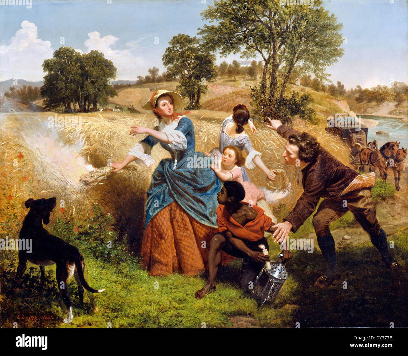 Emanuel Gottlieb Leutze, la sig.ra Schuyler bruciando i suoi campi di grano sull'approccio del British 1852 olio su tela. Foto Stock