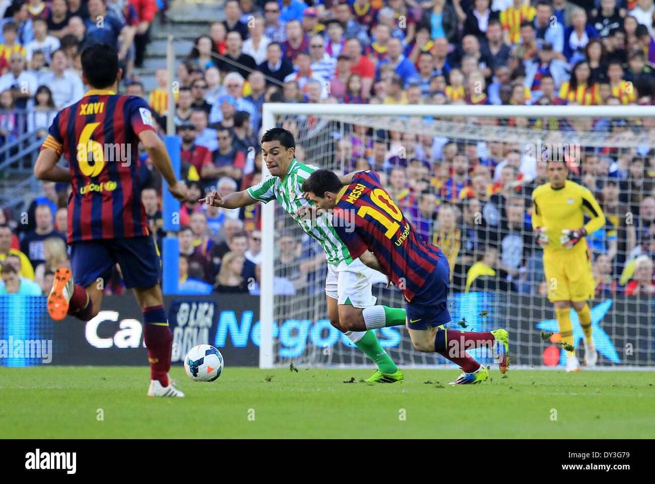 Barcellona, Spagna. 5 apr, 2014. Leo Messi nella partita tra FC Barcelona e Betis per la settimana 32 del campionato spagnolo, giocato al Camp Nou il 5 aprile, 2014. Foto: Joan Valls/Urbanandsport/Nurphoto. © Joan Valls/NurPhoto/ZUMAPRESS.com/Alamy Live News Foto Stock