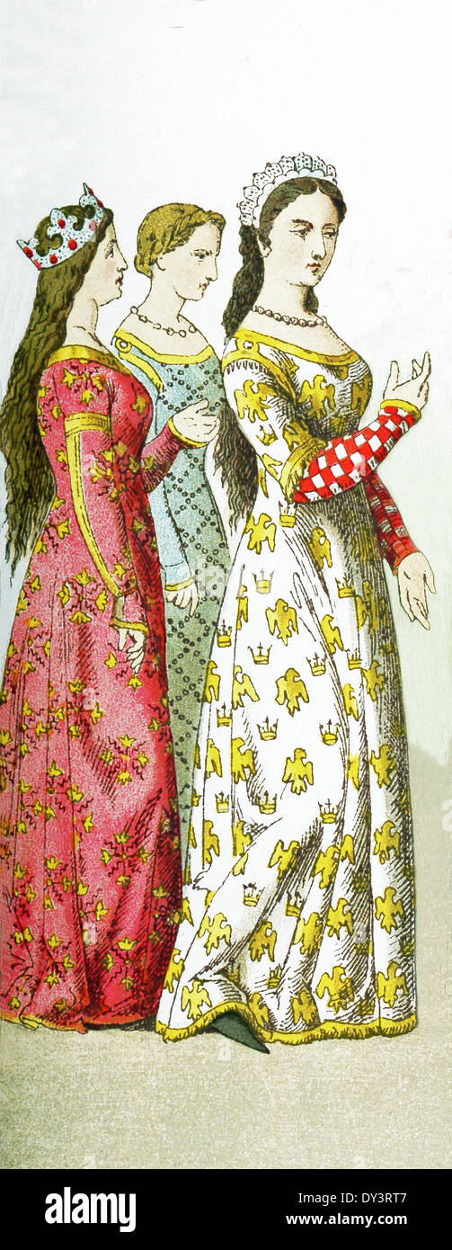 Le figure rappresentano le donne francesi intorno al 1100. Essi sono, da sinistra a destra: un letto queen e due signore di rango. Foto Stock